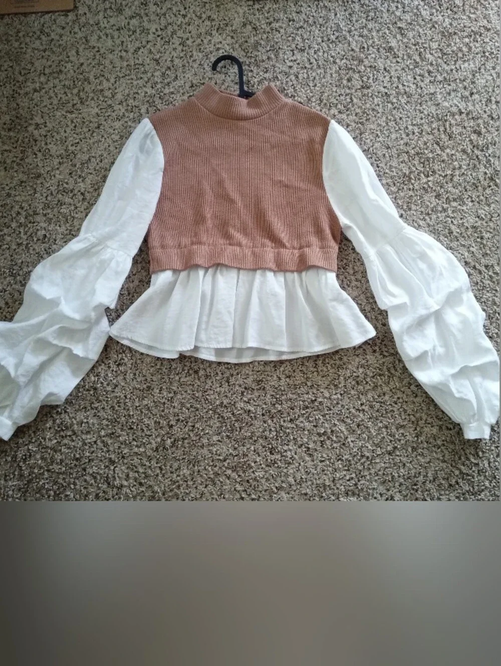 Anthropologie Mixed Media Mock Neck Ruffle Sleeve Peplum Top Tan Medium